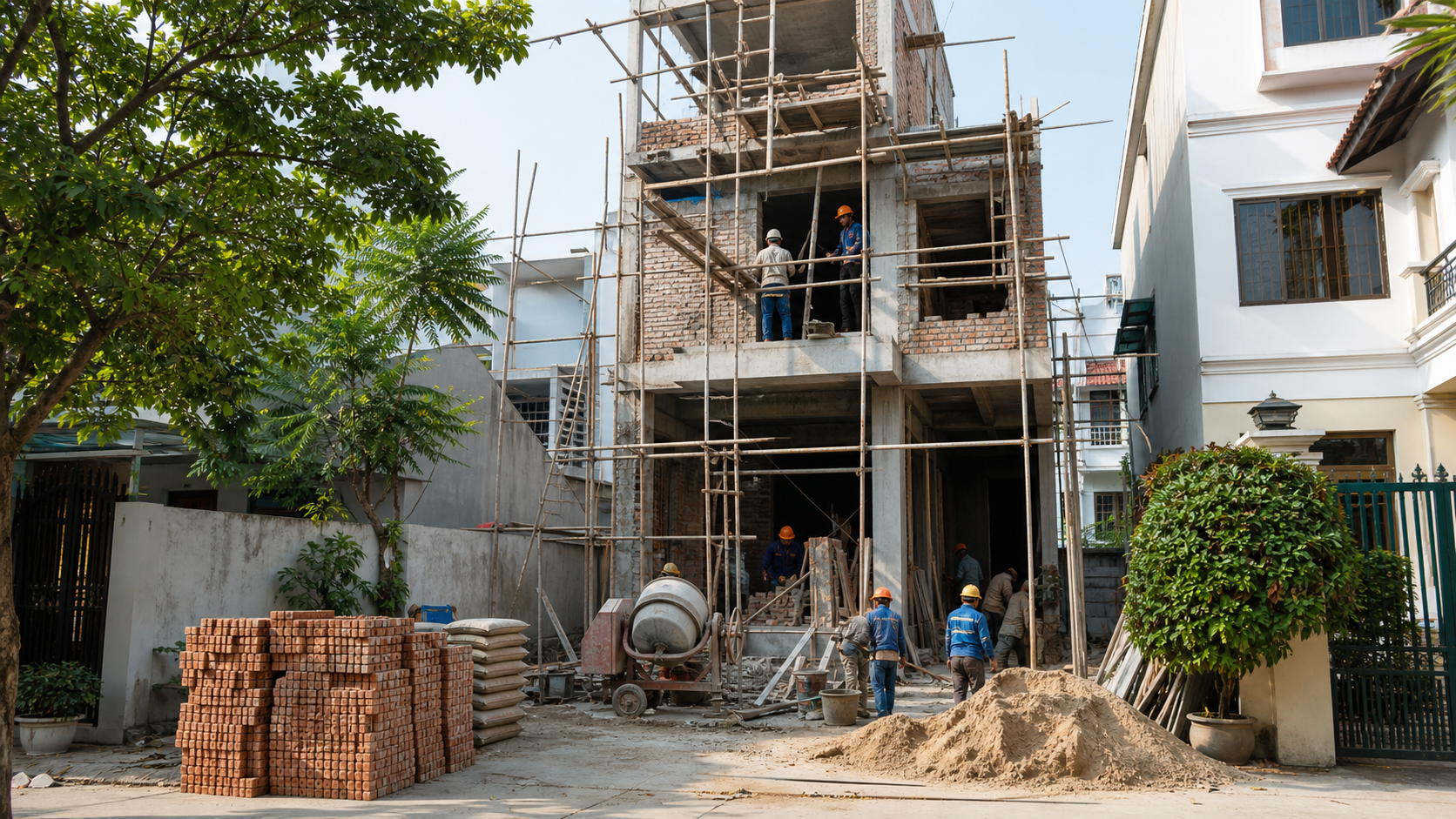 Công trường nhà ở dân dụng đang thi công phần thô và hoàn thiện tại Hà Nội