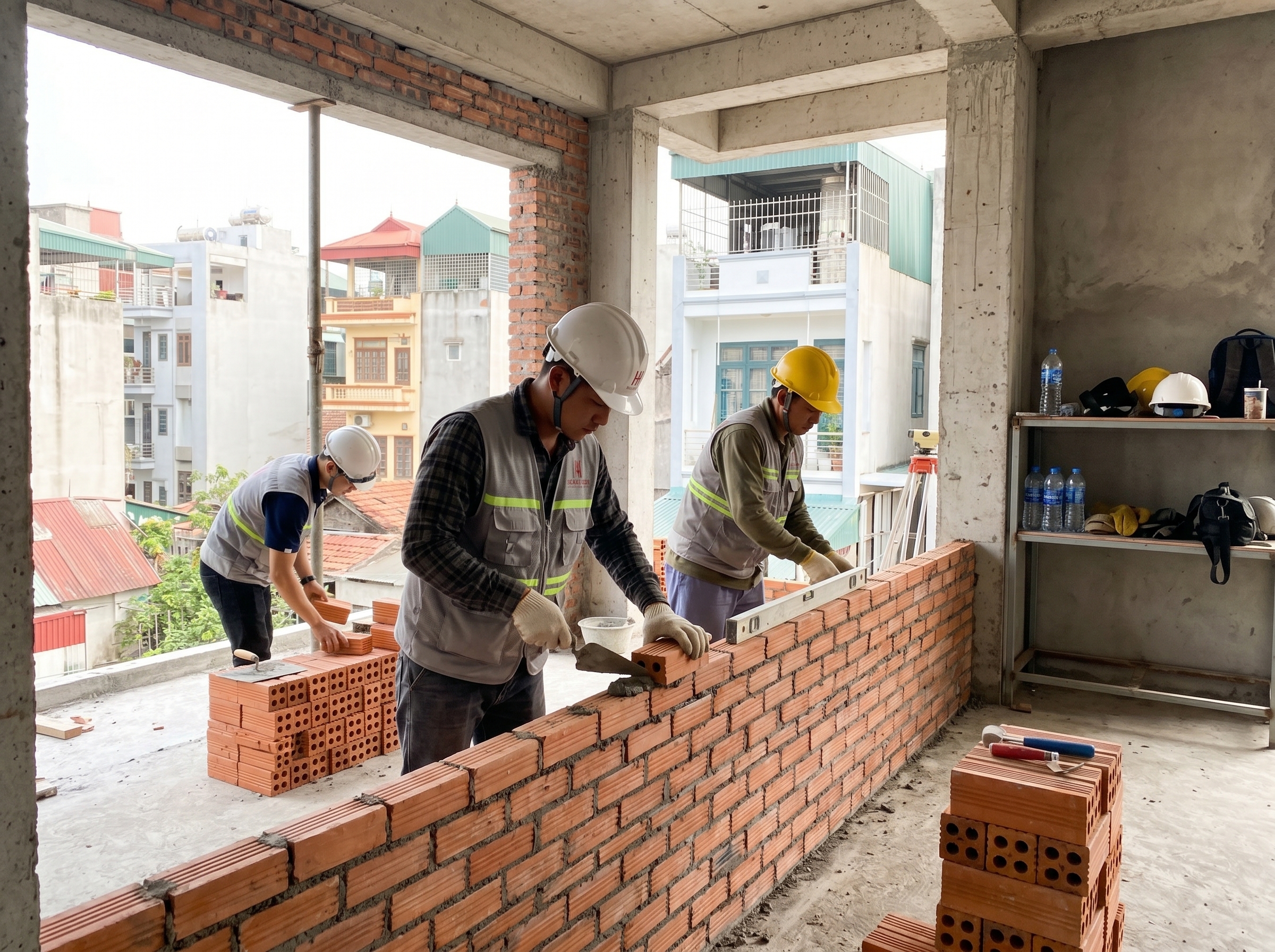 Đội công nhân Hoàng Kiến thi công phần thô nhà ở dân dụng an toàn và đúng kỹ thuật