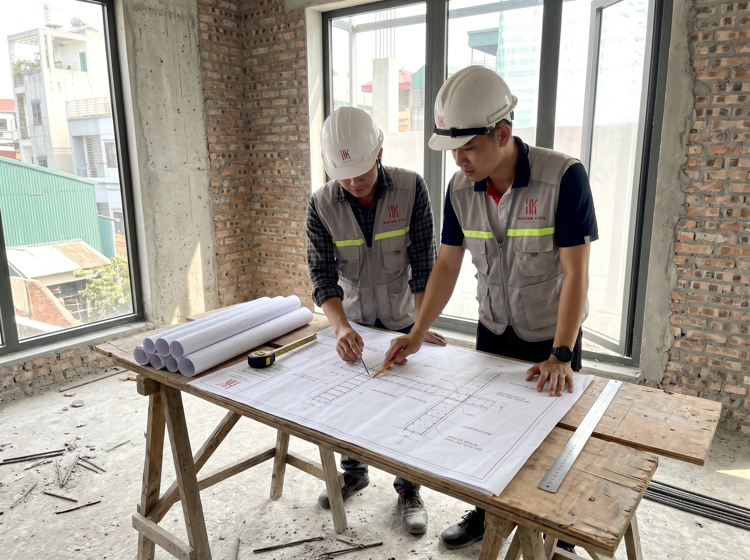 Kỹ sư Hoàng Kiến kiểm tra bản vẽ kỹ thuật trước khi thi công nhà dân dụng